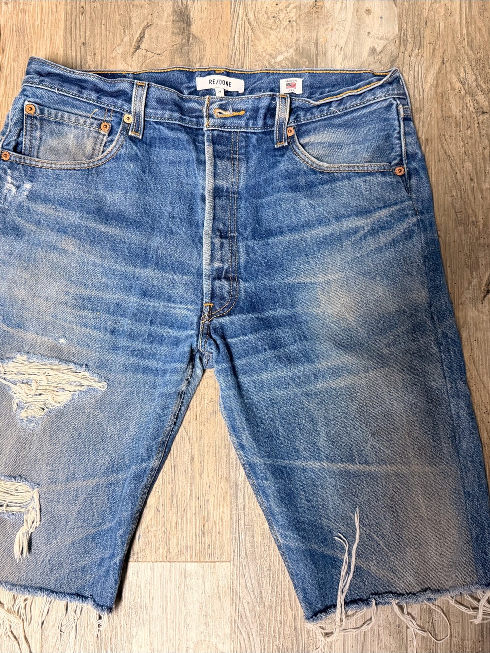 Re/Done Distressed Light Blue Relaxed Cut-Off Jeans